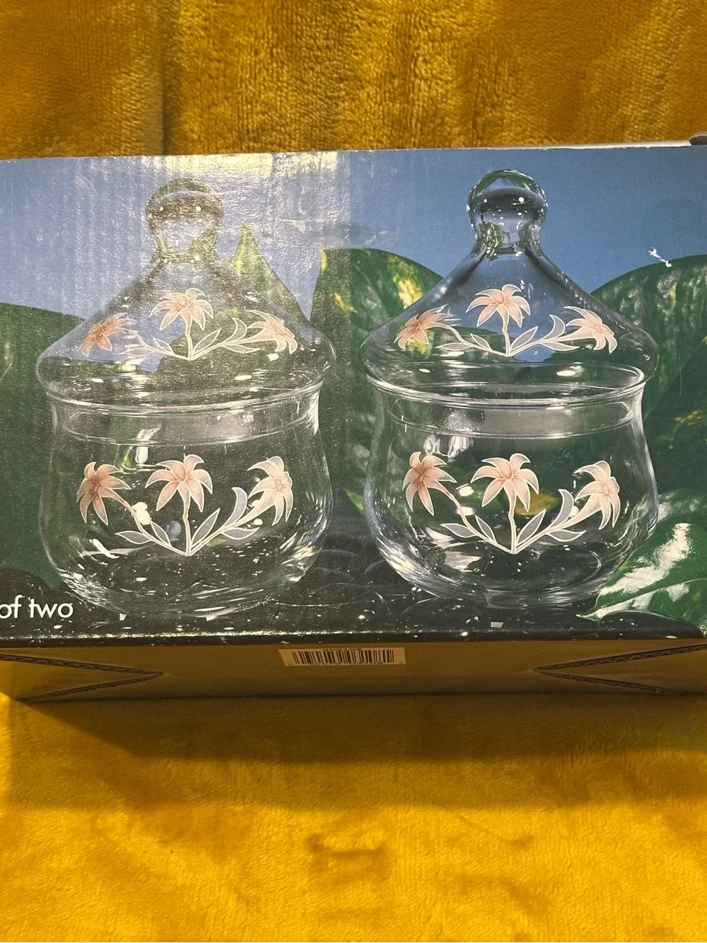VTG Pasabahcee Turkey Set of 2 Glass Candy Dish Jar Lotus Flower Lid NIB Vanity